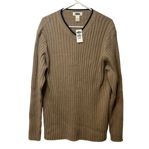 Vintage NWT Old Navy Ribbed Knit Men's Sweater Tan V-Neck Sz L 2000s Grandpacore - Picture 1 of 7